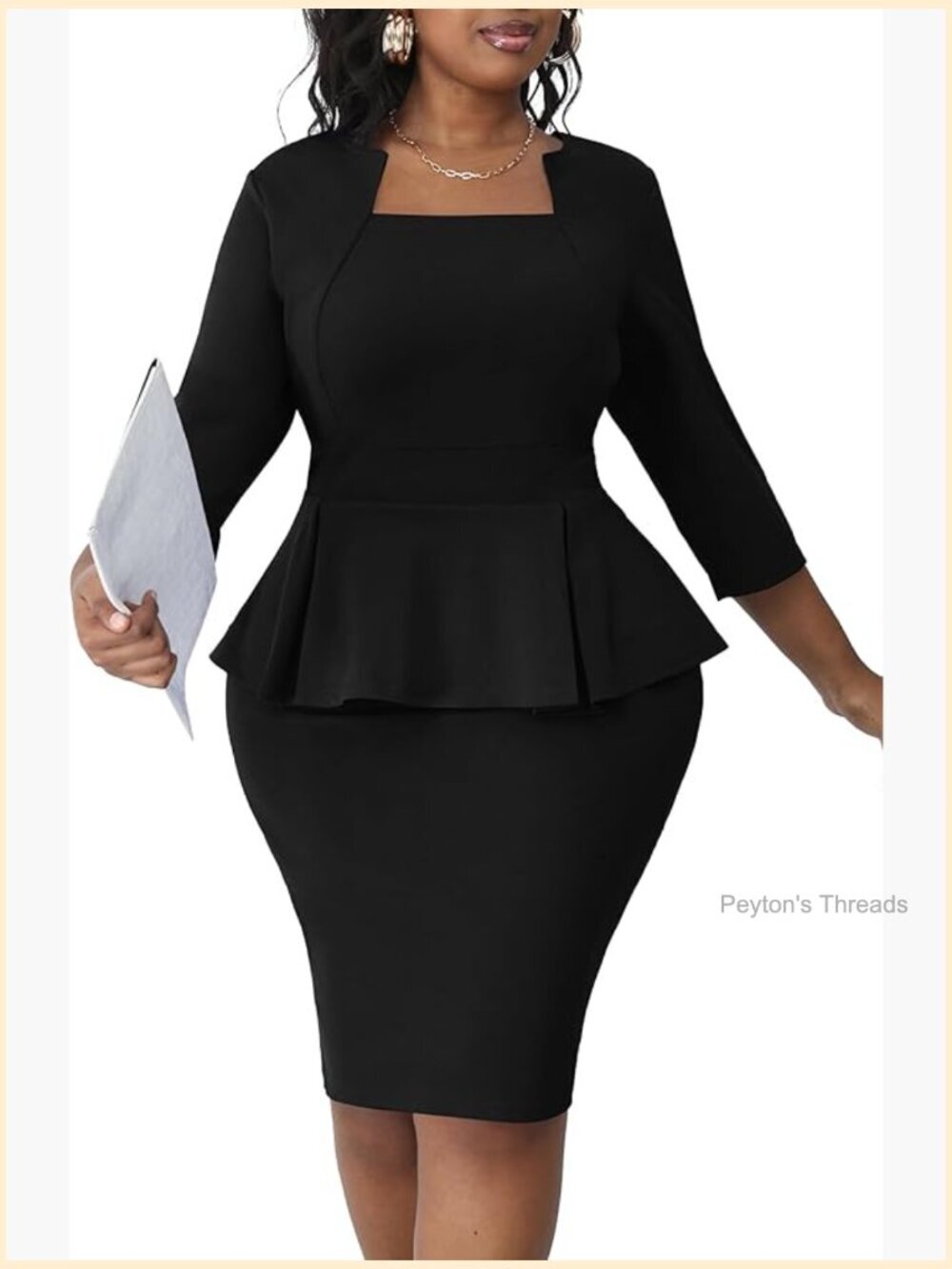 Plus Size Midi Peplum Bodycon Dress with 3/4 Sleeves